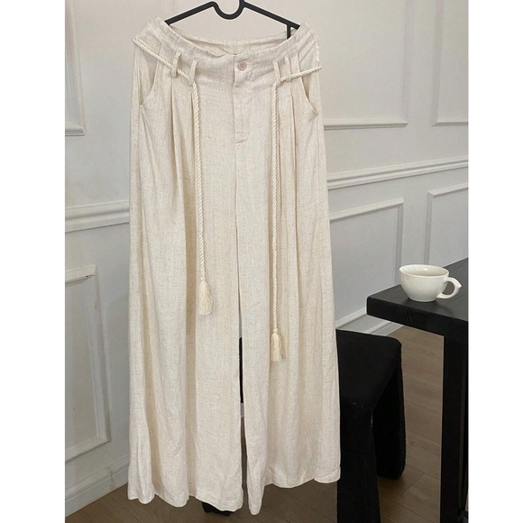 Classic Solid Wide Leg Linen Drawstring Waist Trouser Pants - Picture 2 of 9